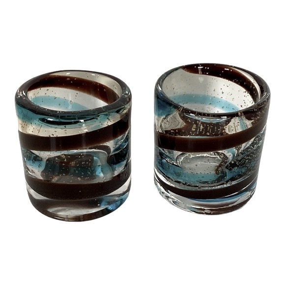 Hand Blown Glass Candle Holders Turquoise And Brown Glass Swirl Pattern Mexico - Picture 5 of 16